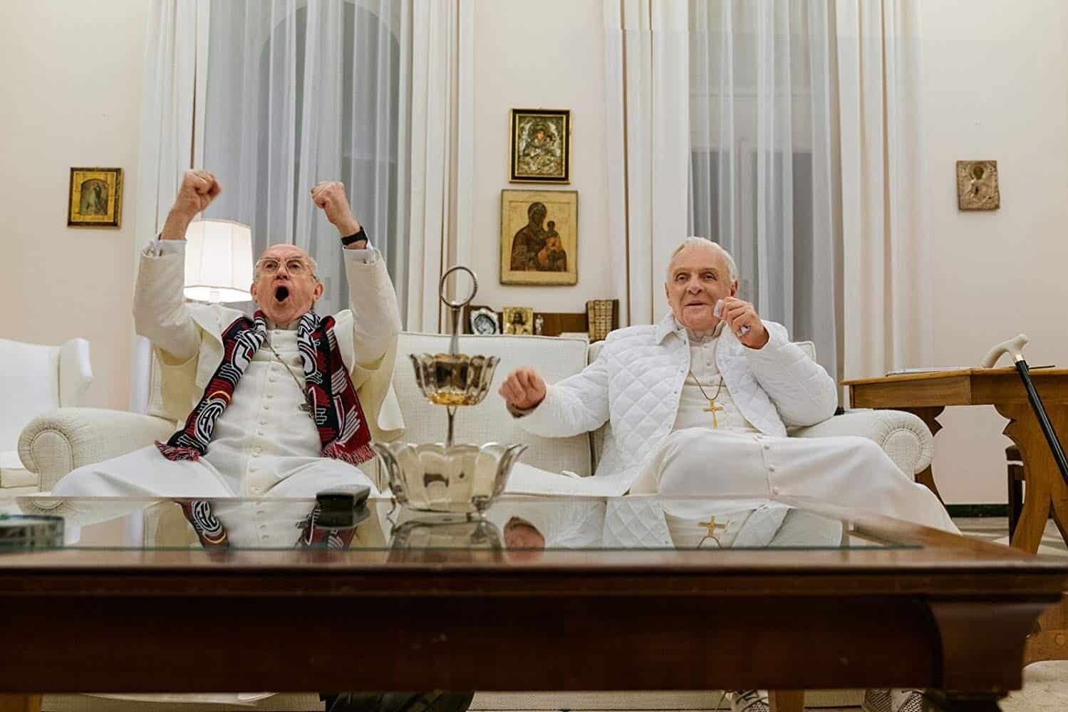 Jonathan Pryce and Anthony Hopkins in The Two Popes.