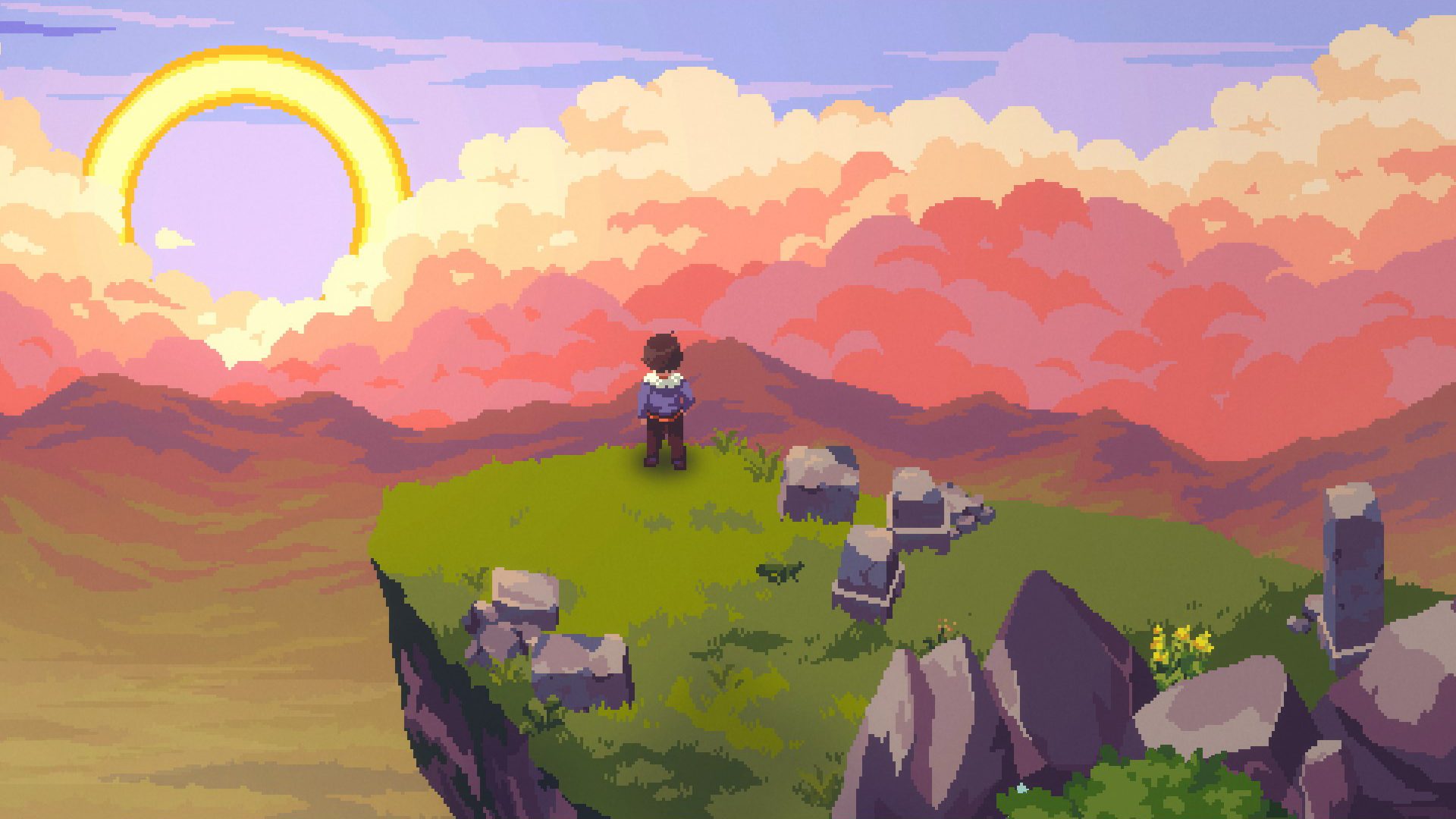 A young man in a blue jacket on the edge of a cliff looks on at a sunset in a 16-bit pixel art style.