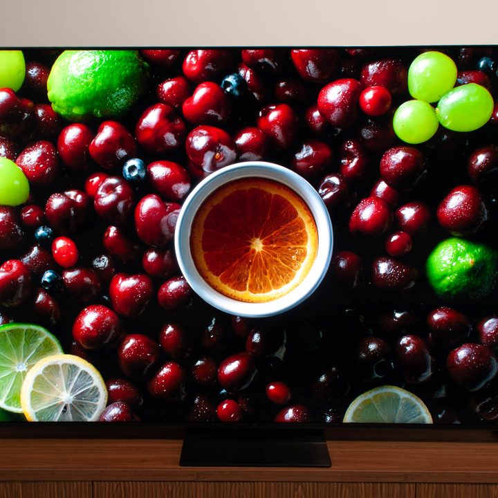 The TCL QM7K Series displaying a fruit arrangement.