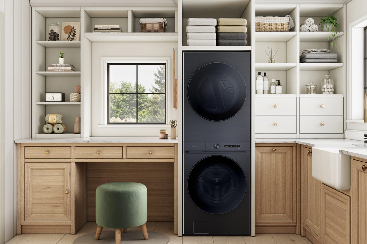 The Samsung Bespoke 4.6 cu. ft. Washer and 7.6 cu. ft. Electric Dryer  in the laundry room.