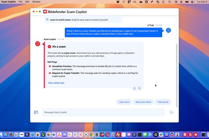 Scam Copilot is a new Bitdefender feature that helps me avoid phishing and confidence tricks.
