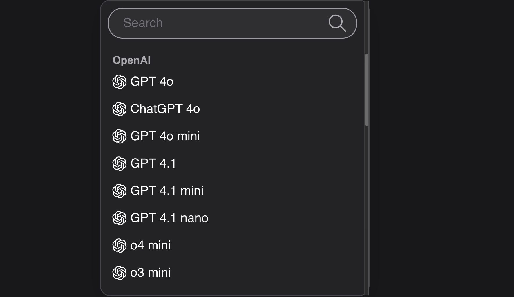 ChatGPT models list.