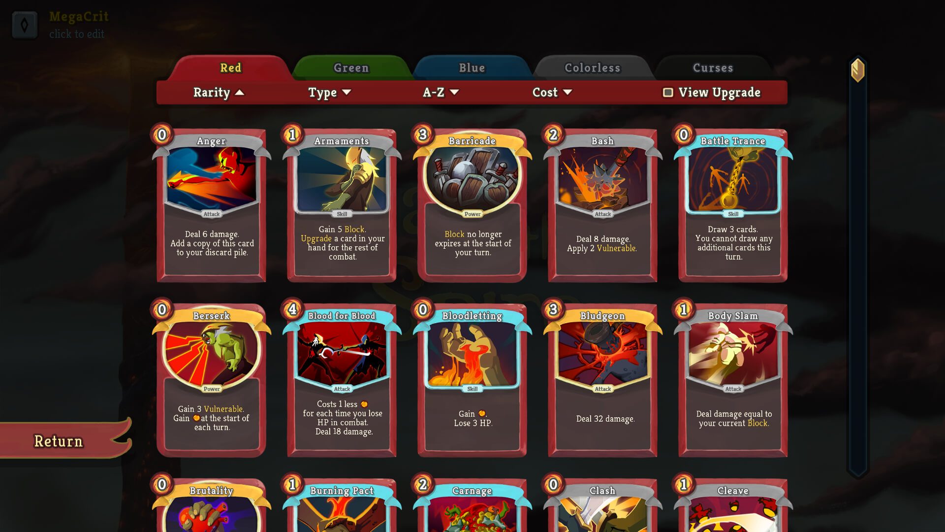A linup of ironclad cards in Slay the spire.