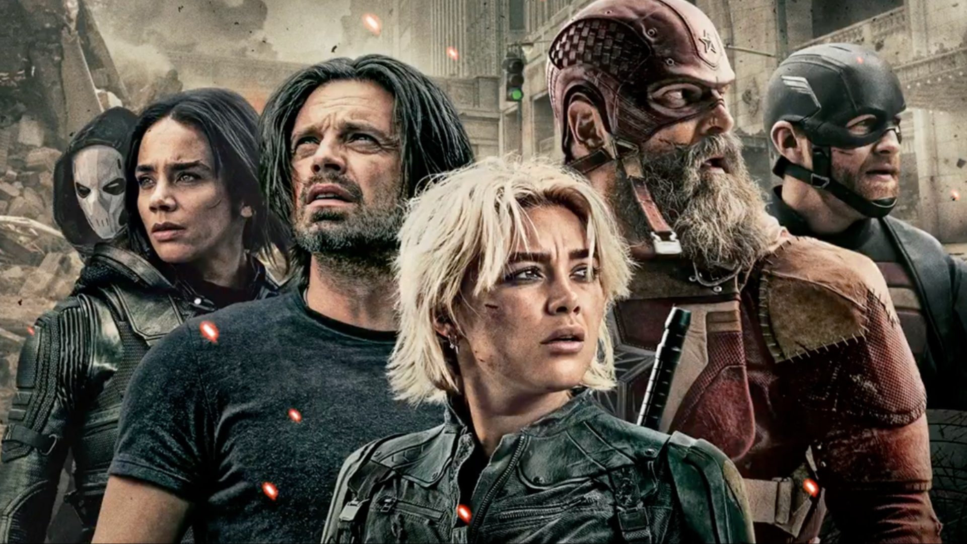 The Thunderbolts stand in a line and look up.
