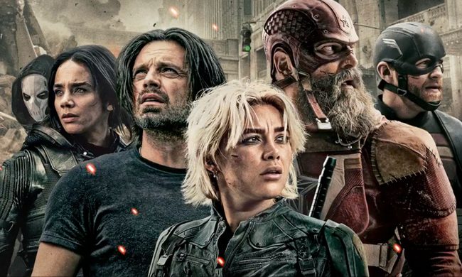 The Thunderbolts stand in a line and look up.
