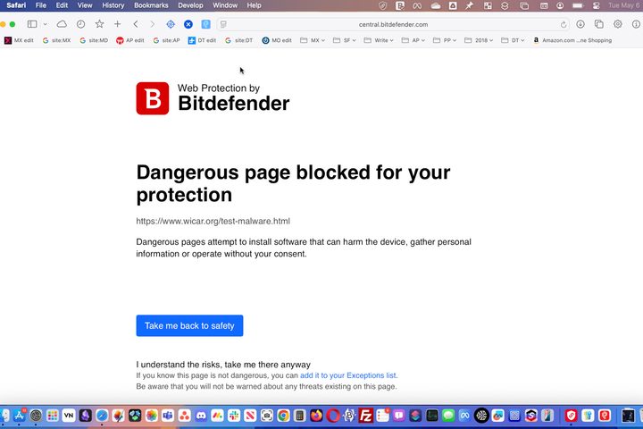 The Bitdefender browser extension blocked the Wicar malware test page.