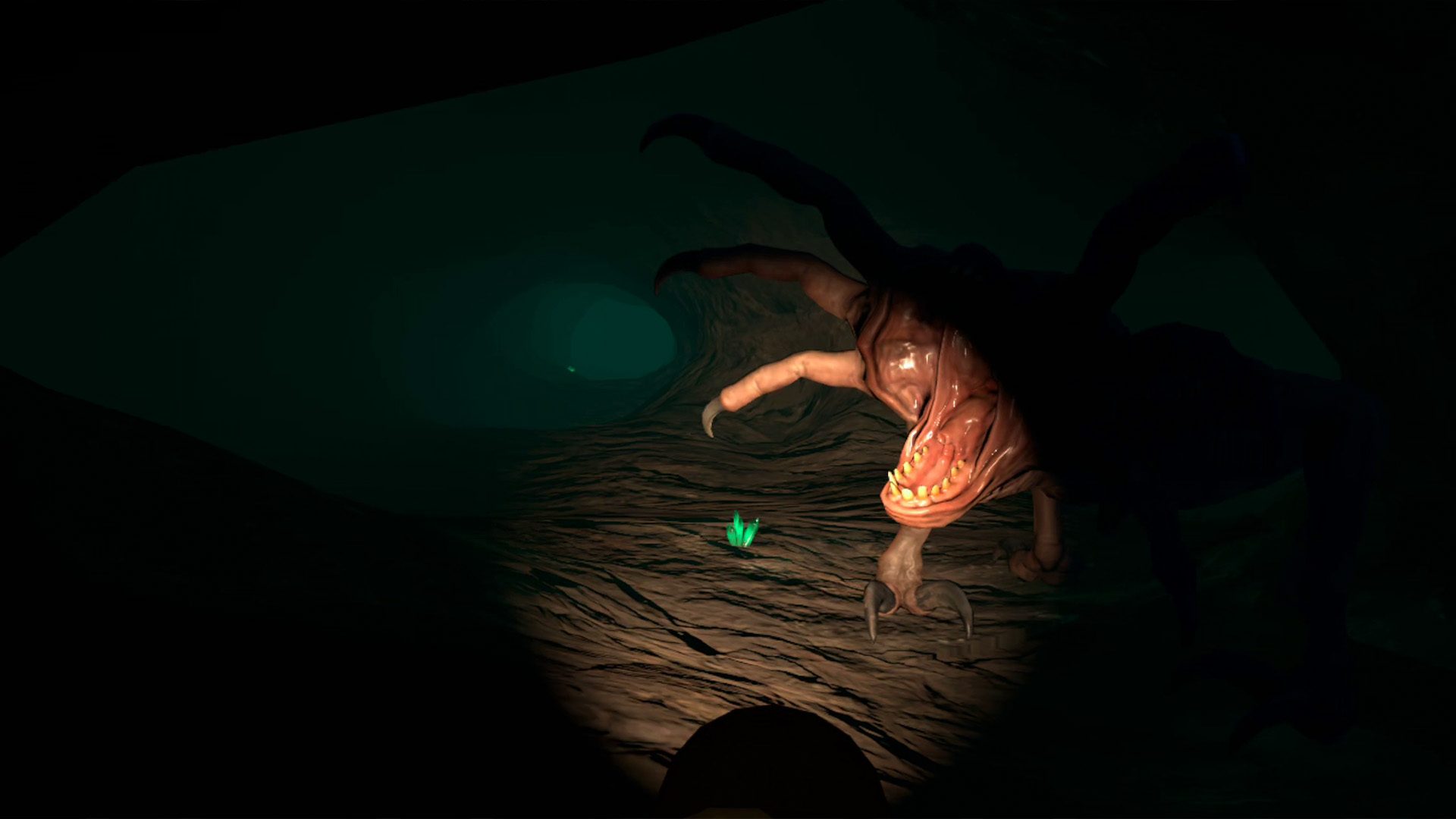 Just the edge of a strange monster is illuminated by a flashlight withing a dark tunnel