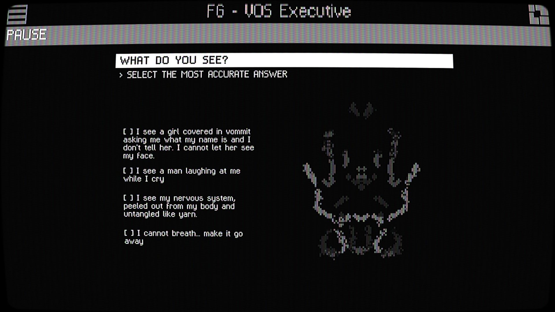 A rorshach test in early apple computer monitor style asks the reader what they see in the image.