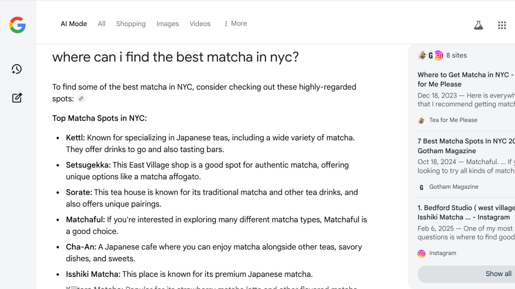 AI mode results for “Where can I find the best matcha in NYC?”