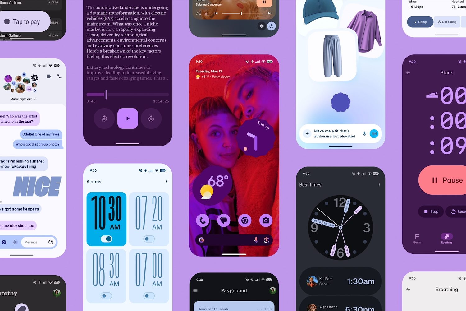 Examples of Android 16's Material 3 Expressive design.