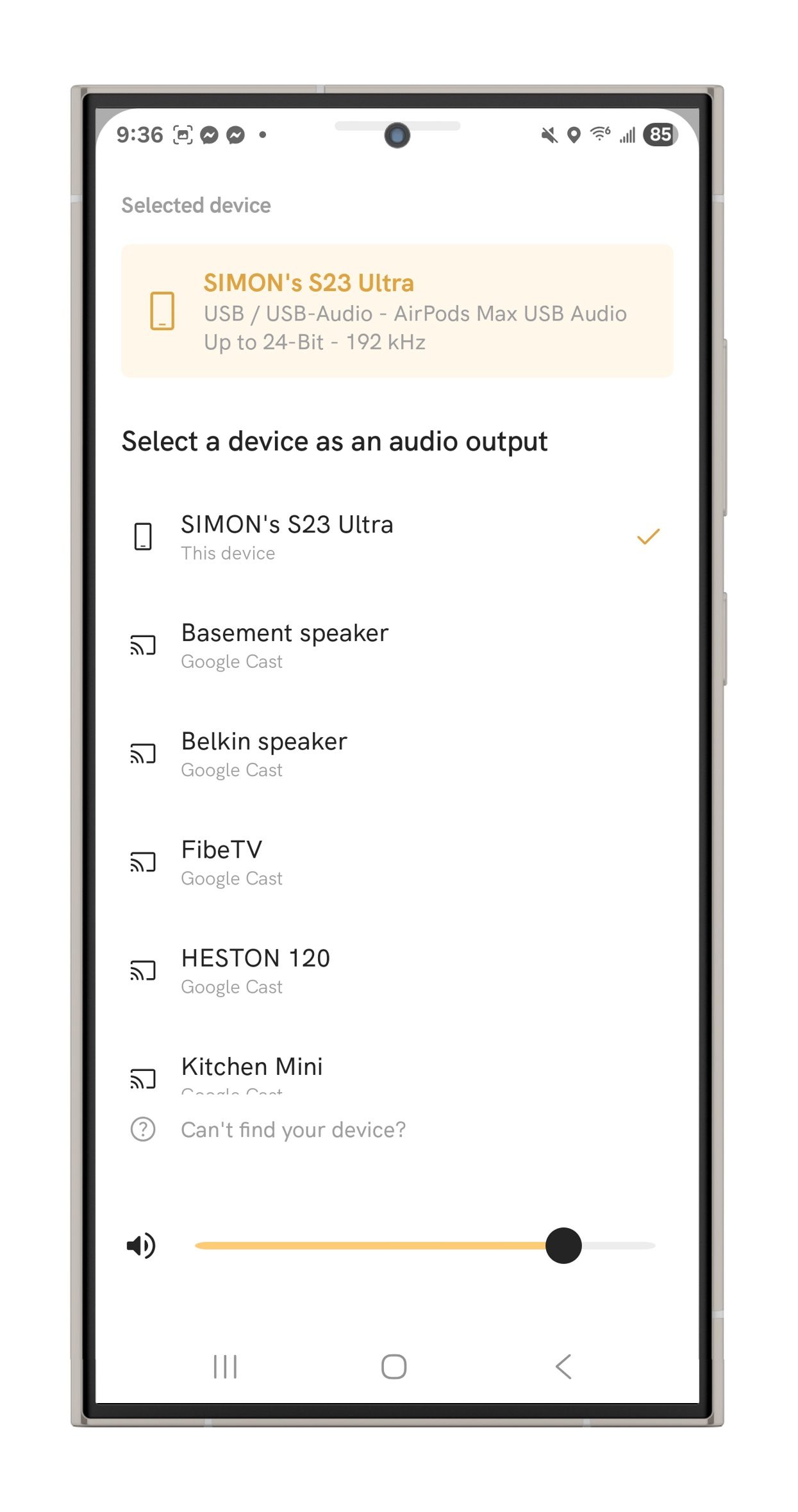 Qobuz on Android showing AirPods Max connected via USB Audio.