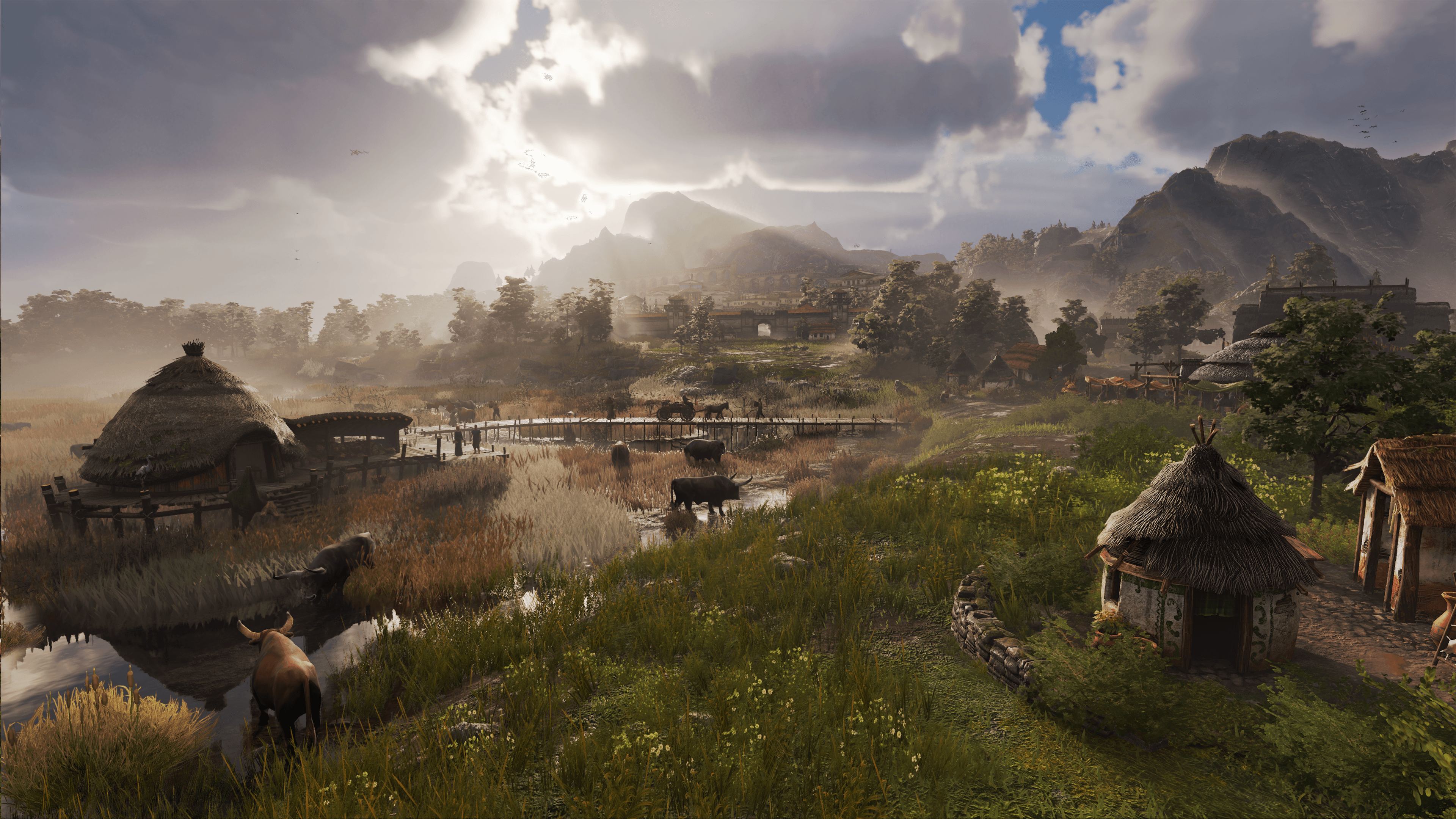 Animals mill around a farm in Anno 117: Pax Romana.
