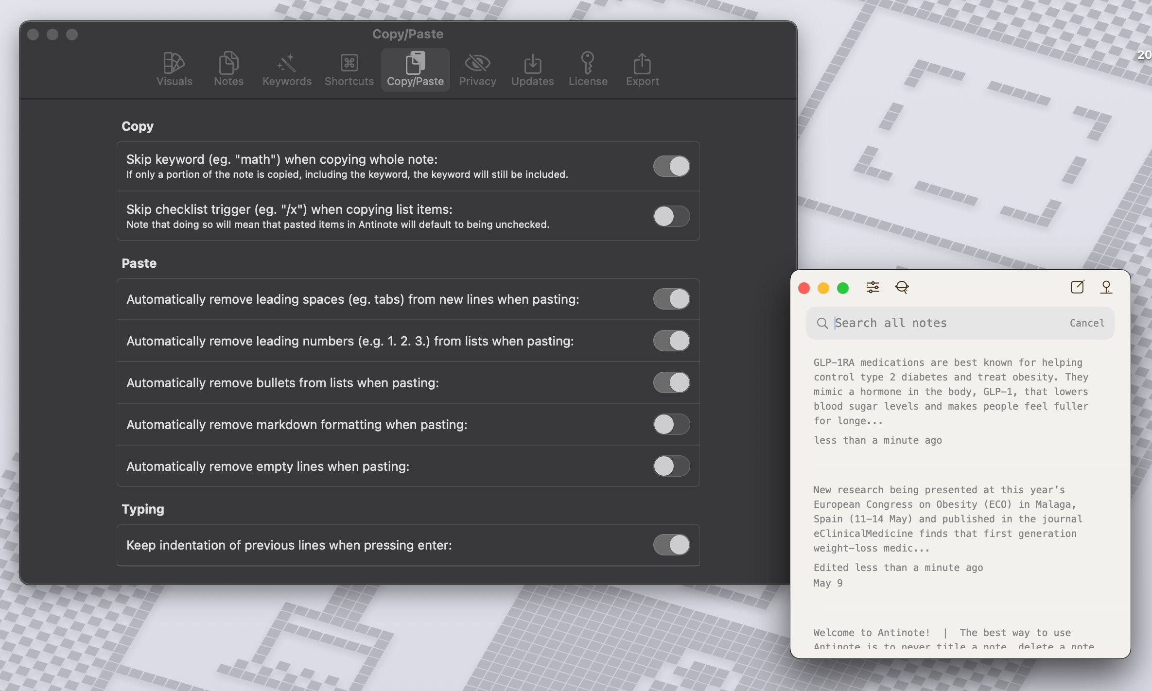 Copypaste controls in the Antinote app for macOS.