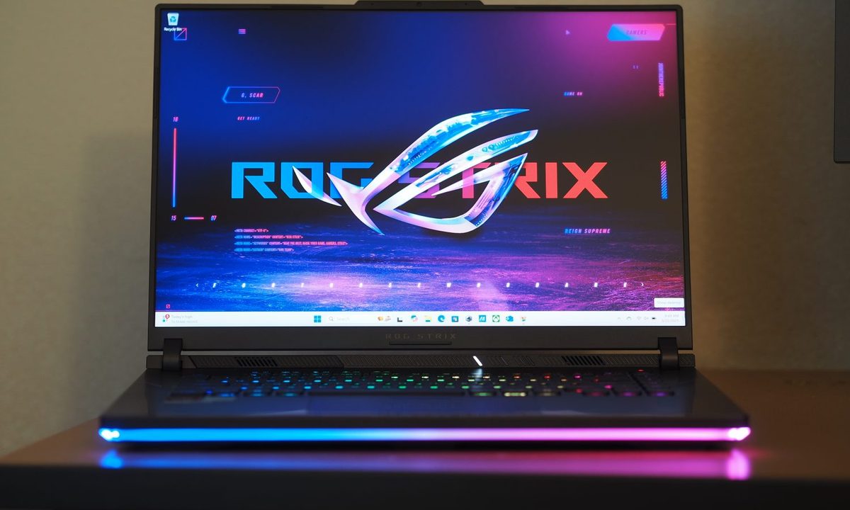 Asus ROG Strix G16 2025 front view showing display and LED lighting.