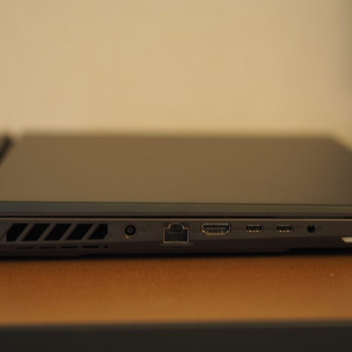 Asus ROG Strix G16 left side view showing ports and vents.