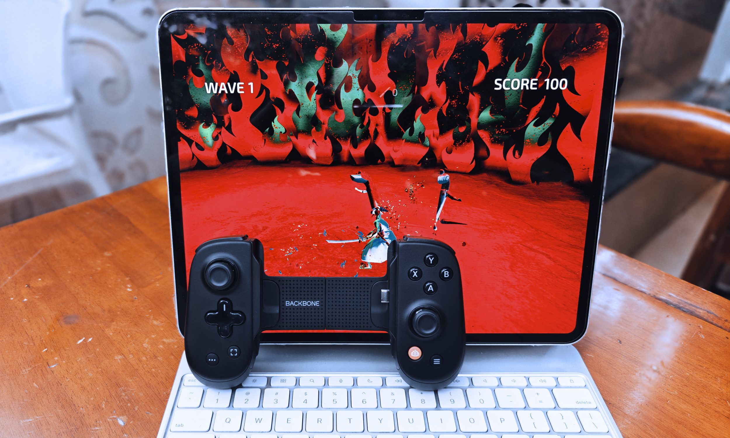 Wireless gaming on an iPad Pro using Backbone Pro controller.