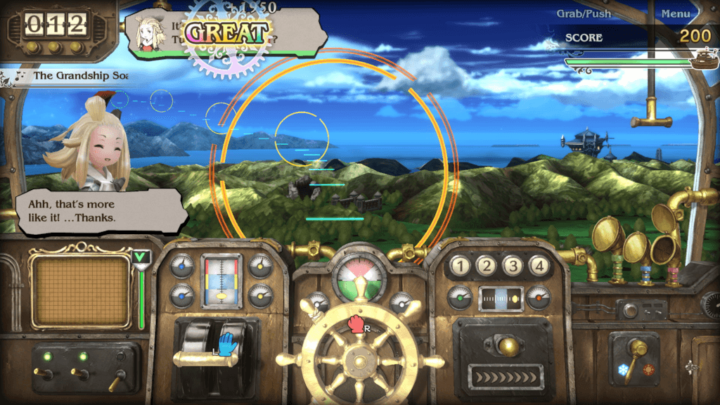 A ship is shown from its cockpit in a Bravely Default: Flying Fairy HD Remaster minigame.
