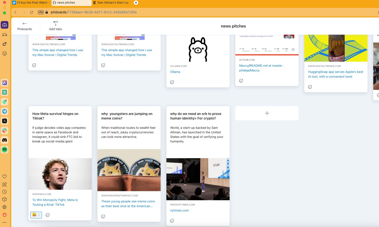 Pinboard cards in Opera browser.