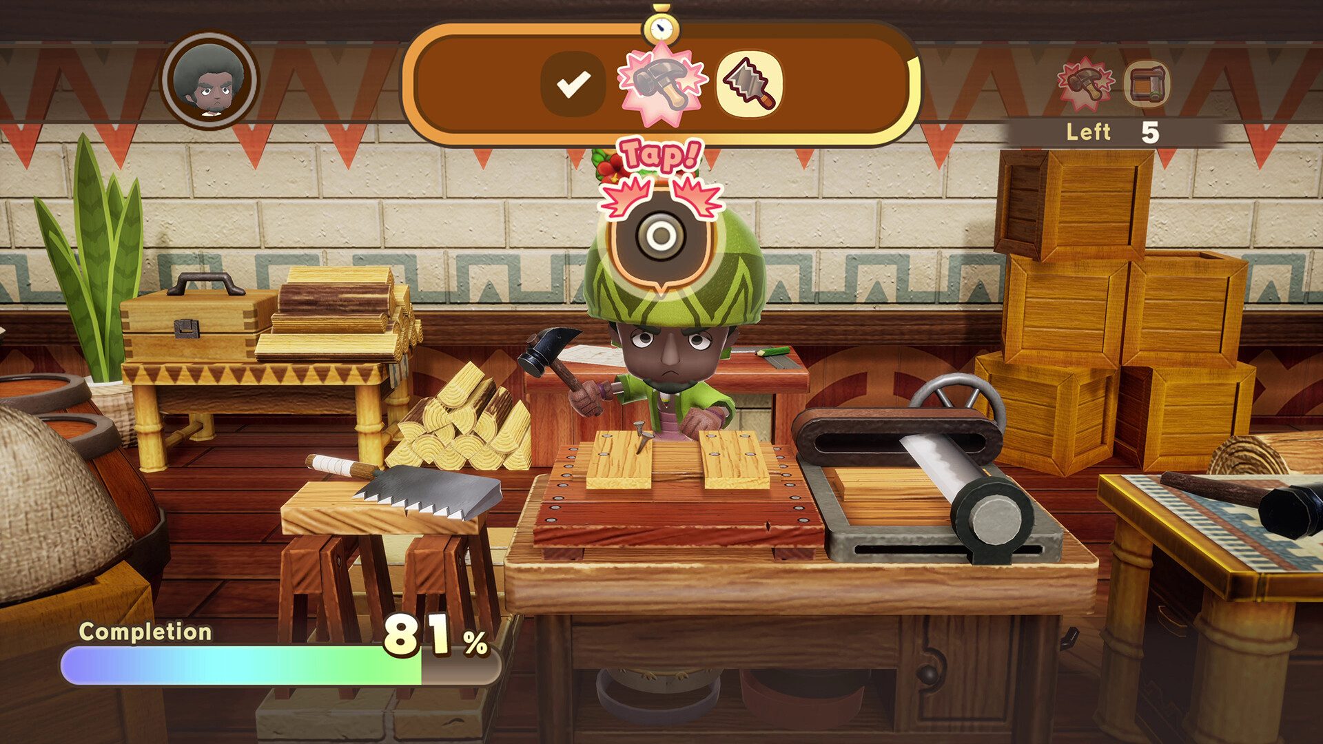 A carpenter works at a bench in Fantasy Life i: The Girl Who Steals Time.