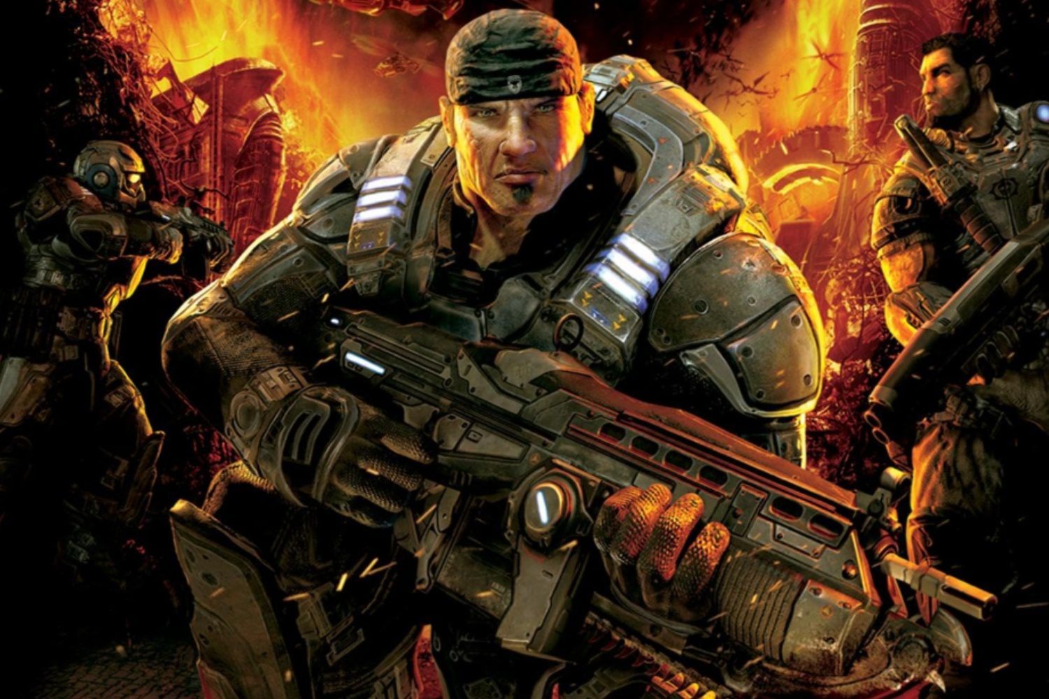 A soldier holds a gun in Gears of War.