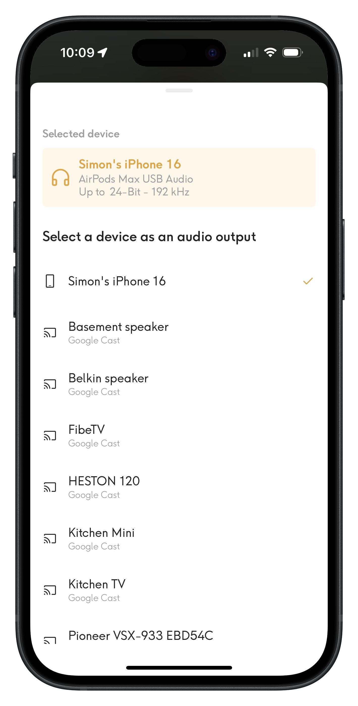 Qobuz on iOS showing AirPods Max in USB Audio mode.