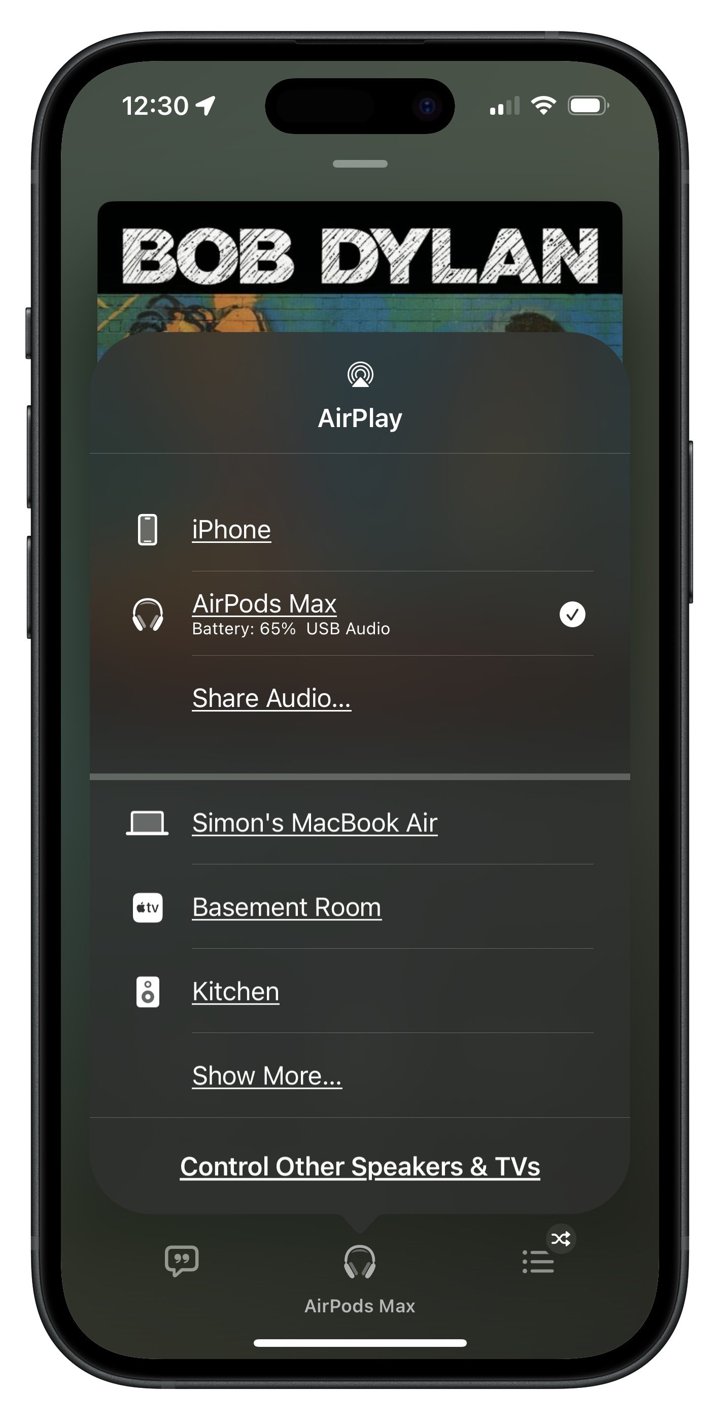 iOS showing AirPods Max connected via USB Audio.