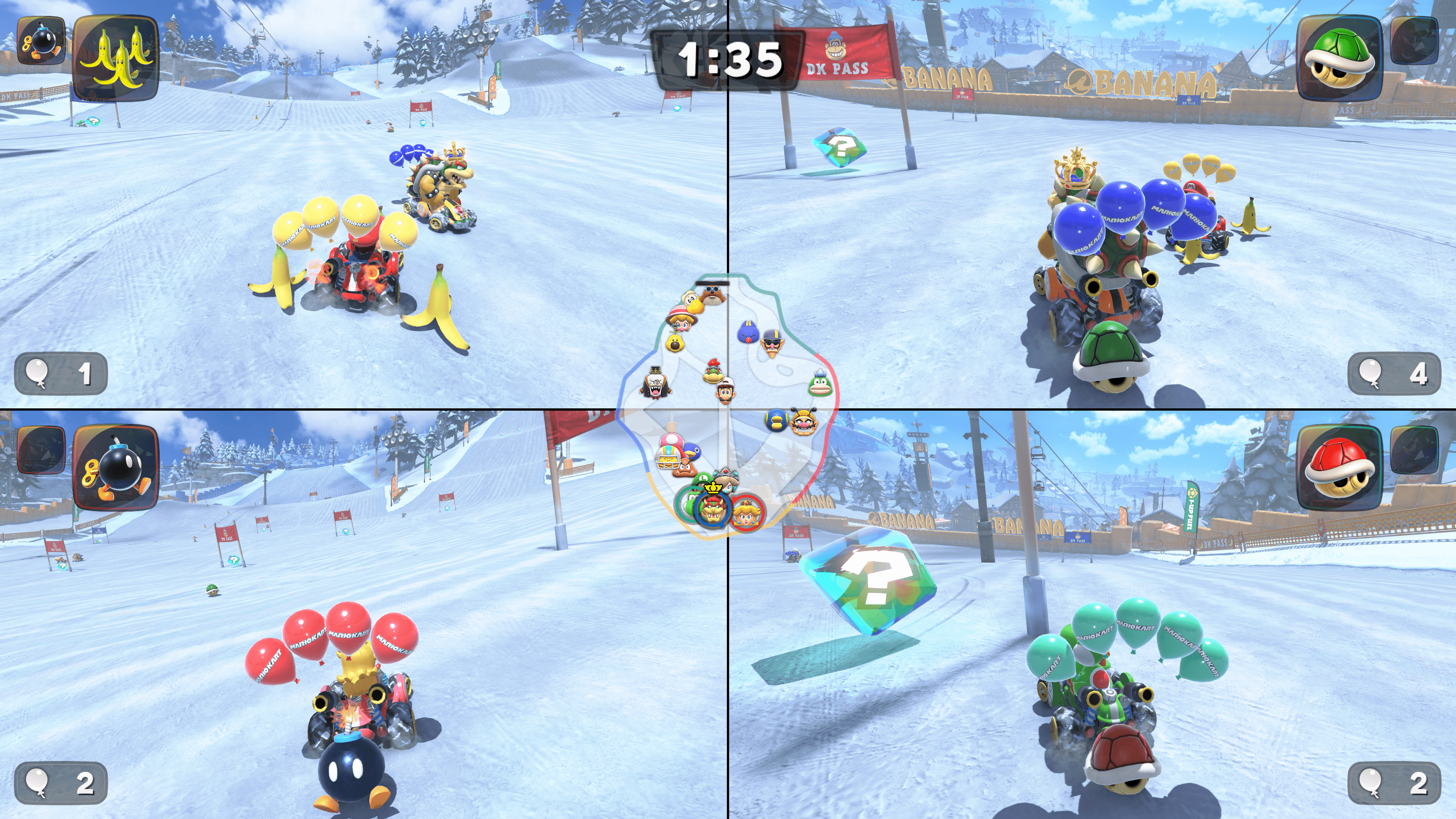 Four players play battle mode in Mario Kart World.