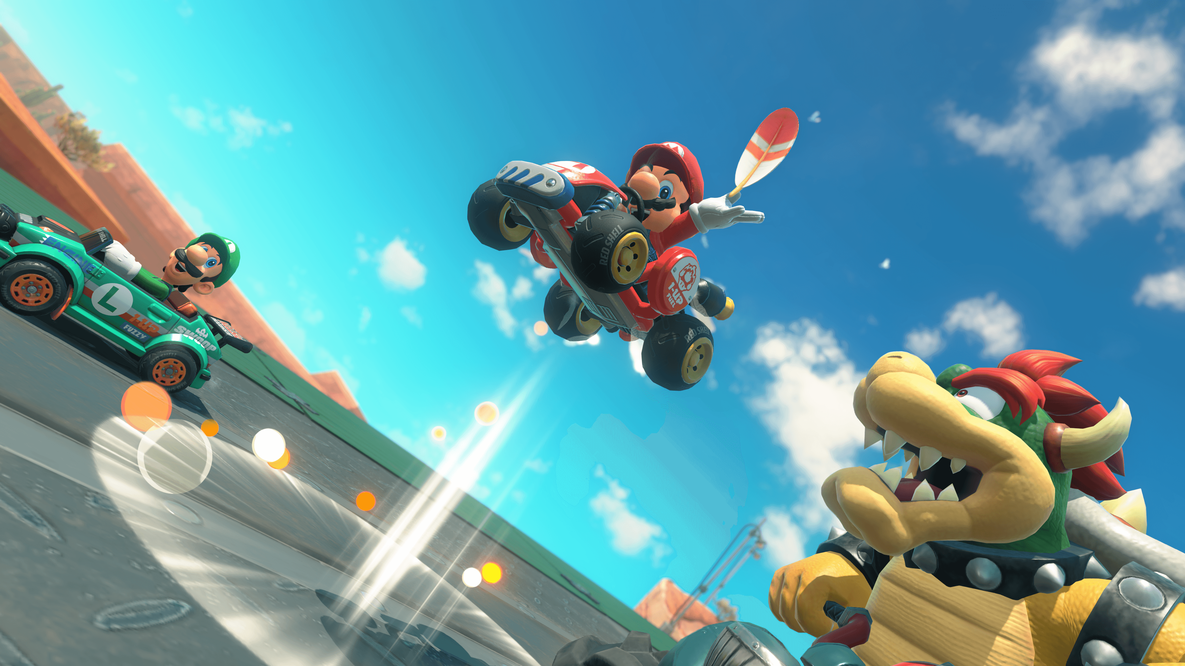Mario jumps in the air with a feather in Mario Kart World.