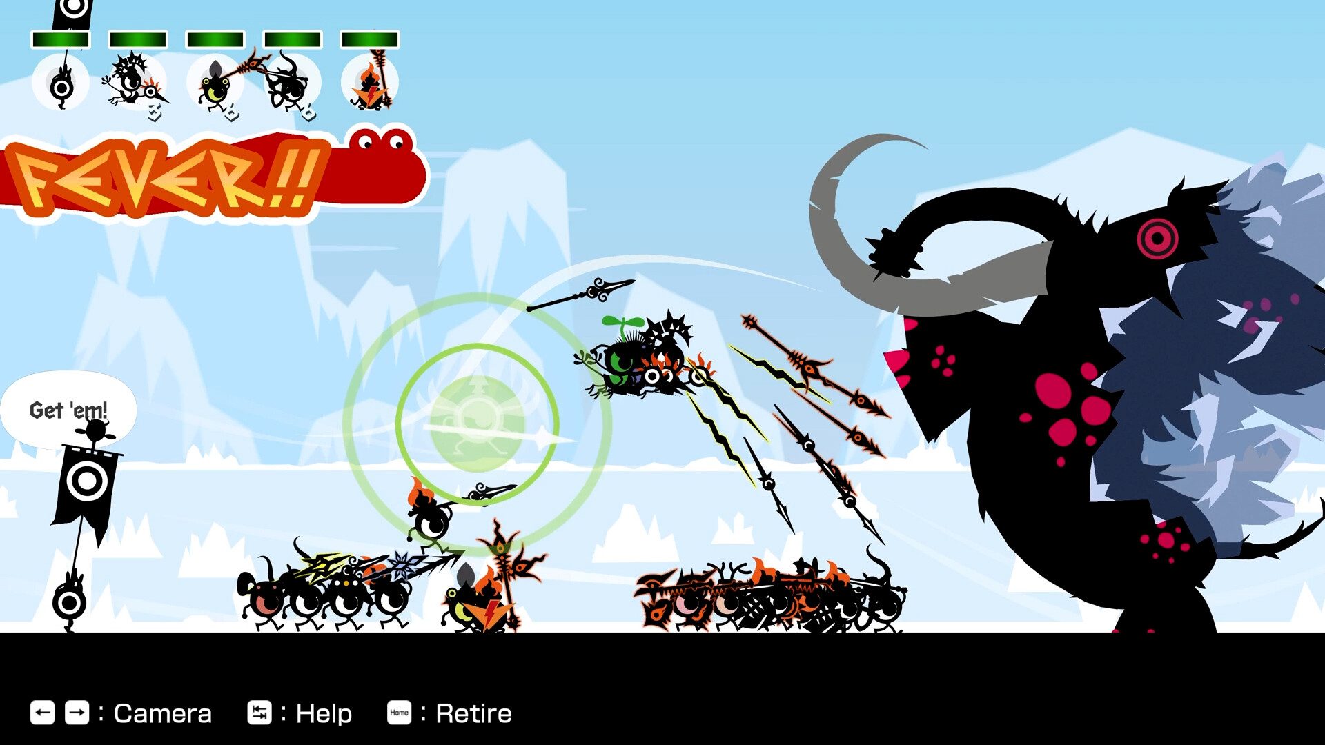 Creatures fight an elephant in Patapon 1+2 Replay.