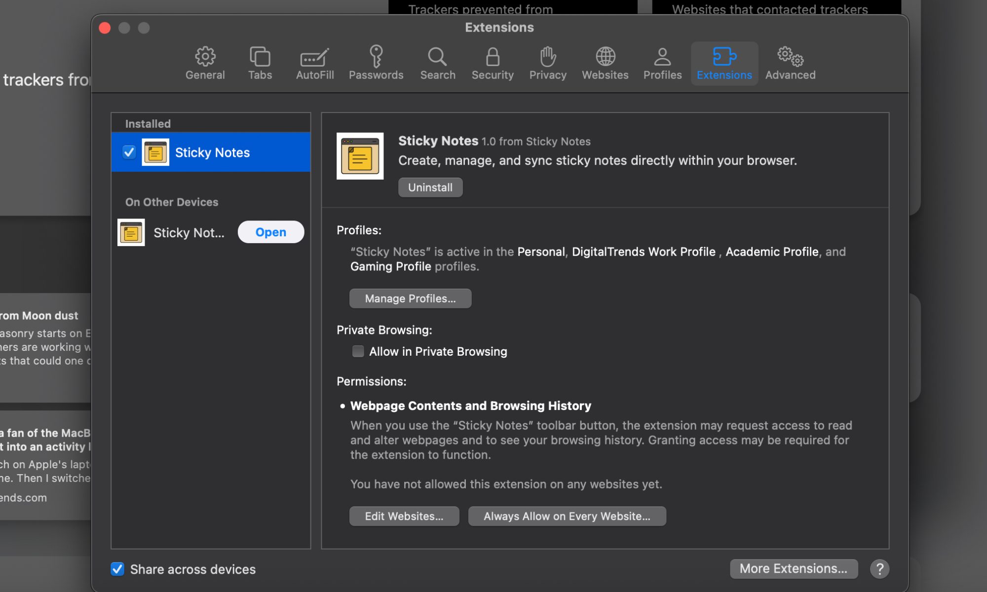 Settings within Sticky Notes for Safari on a MacBook Air