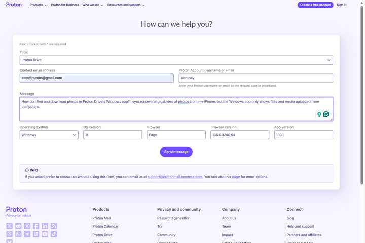 Proton Drive offers support via email after filling out a form.