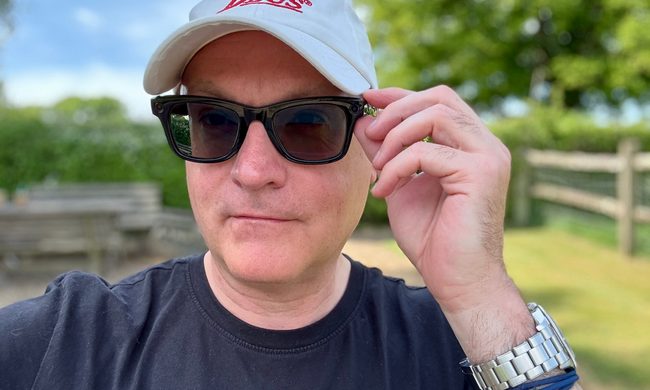 A person wearing the Ray-Ban Meta smartglasses.