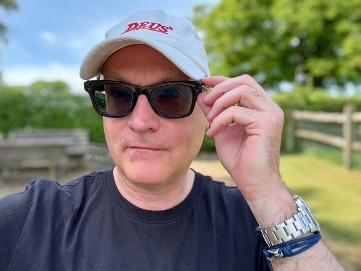 A person wearing the Ray-Ban Meta smartglasses.