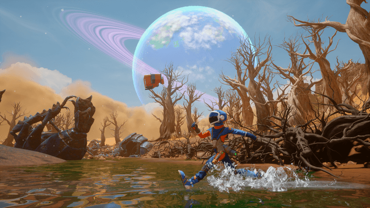 A spaceman runs across water in Revenge of the Savage Planet.