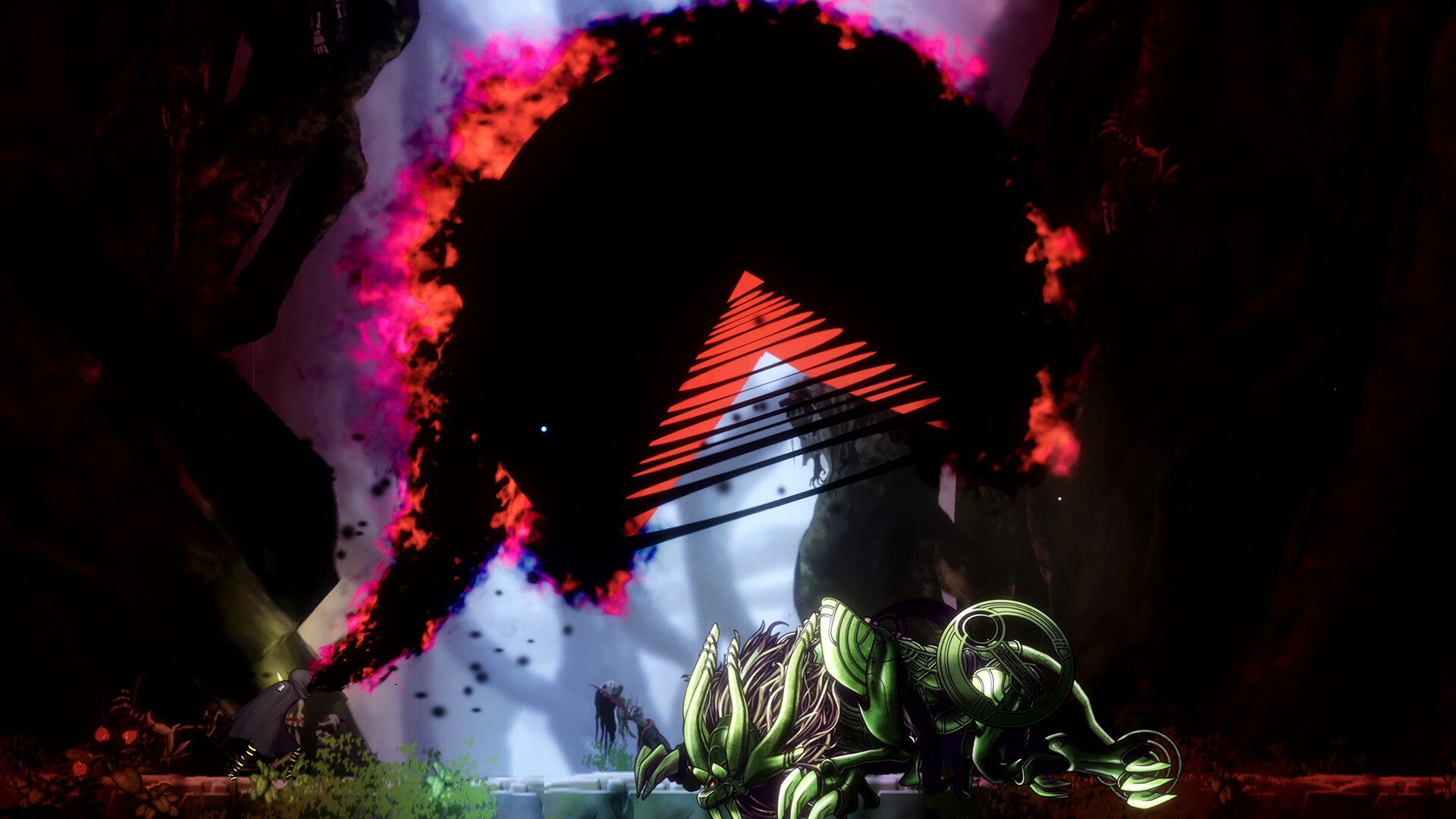 Pac-Man prepares to eat an enemy in Shadow Labyrinth.