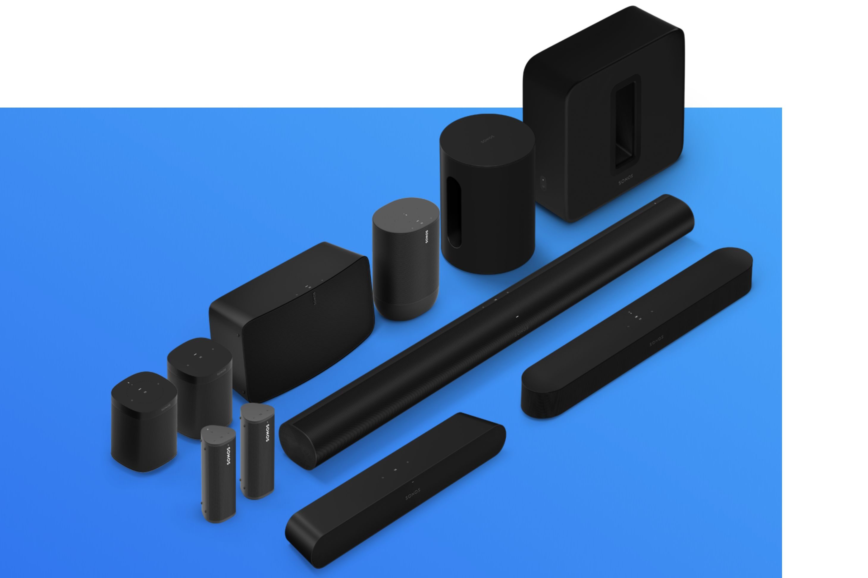 Multiple Sonos products on blue background.