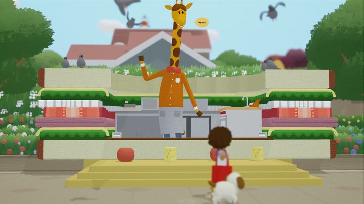 A giraffe waves at a child in To a T.