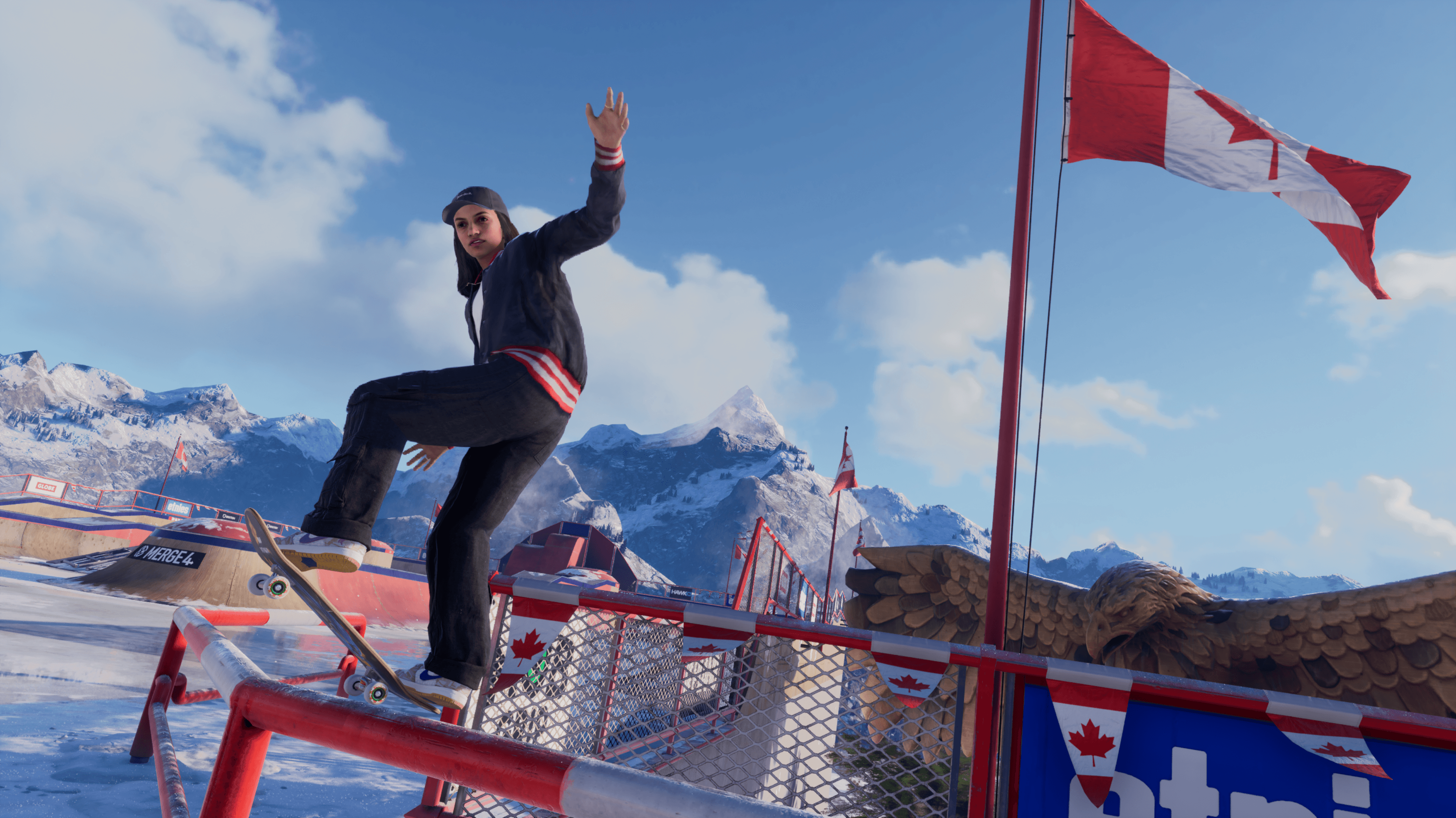 A skater grinds on a rail in Tony Hawk's Pro Skater 3 + 4's Canada level.