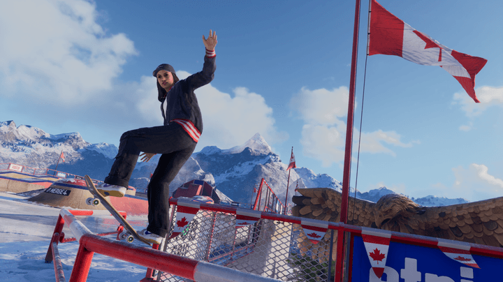 A skater grinds on a rail in Tony Hawk's Pro Skater 3 + 4's Canada level.