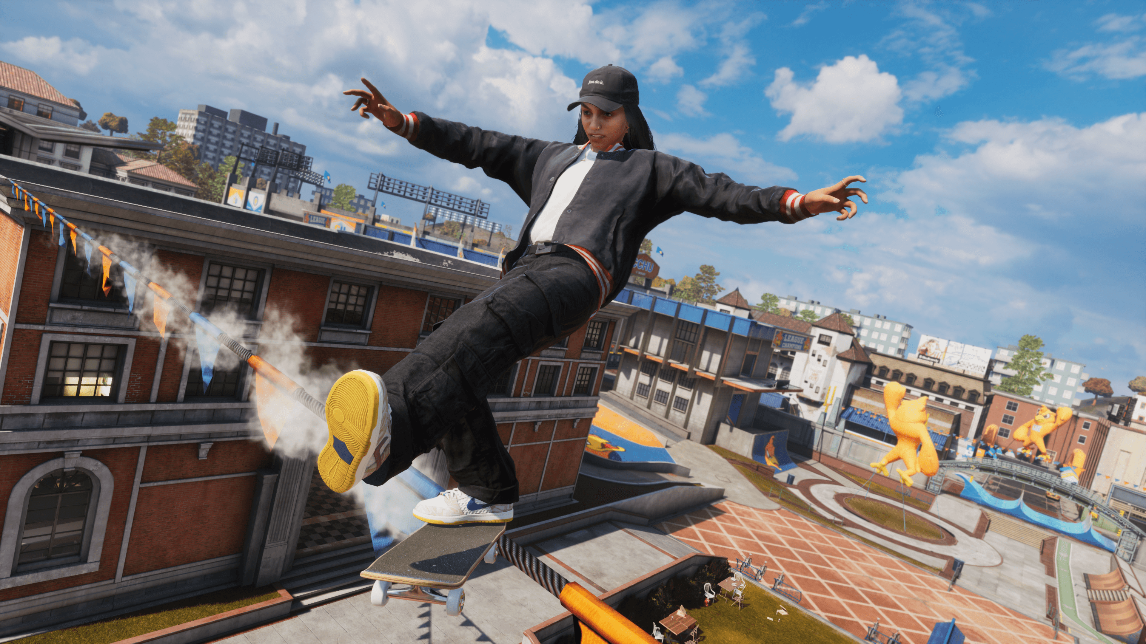 A skater grinds between rooftops in Tony Hawk's Pro Skater 3 + 4.
