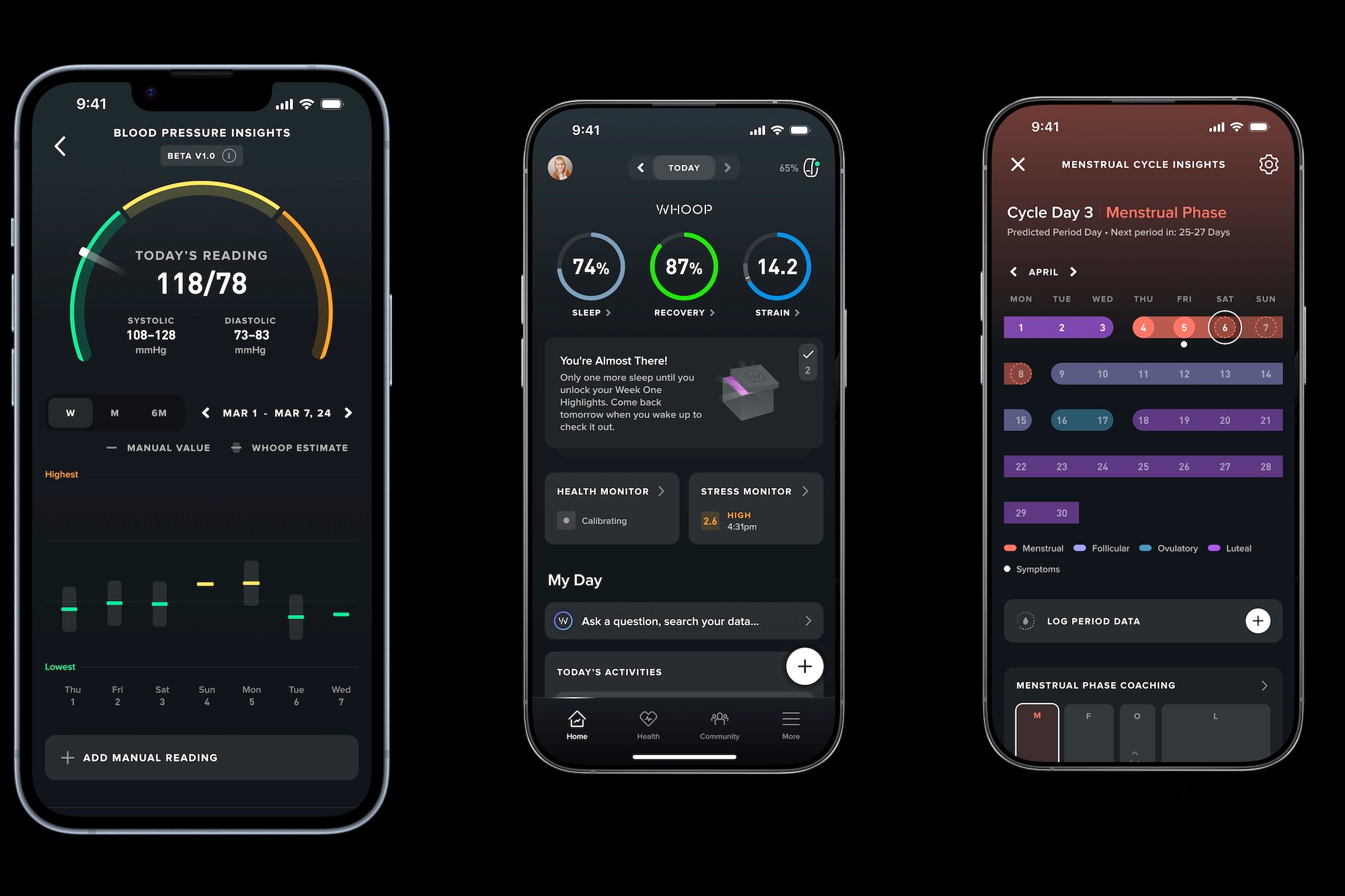Screenshots from the Whoop app.