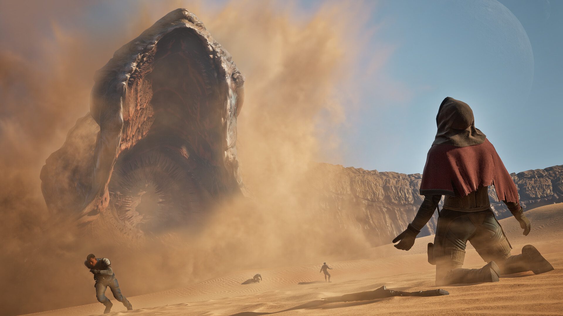 A cloaked person kneeling before a sandworm in Dune Awakening.