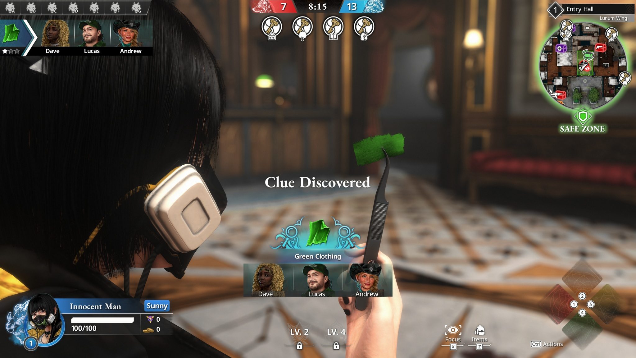 A player holding up a piece of green cloth in Killer Inn.