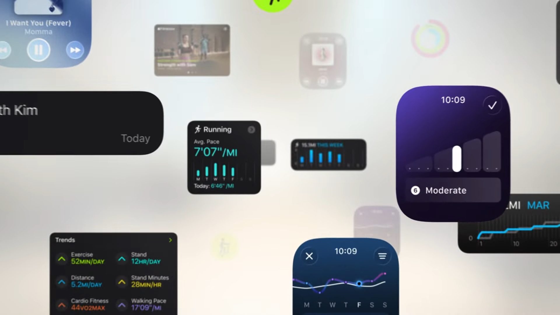 WWDC 2025 keynote screenshot showing Workout Buddy calculations on WatchOS 26