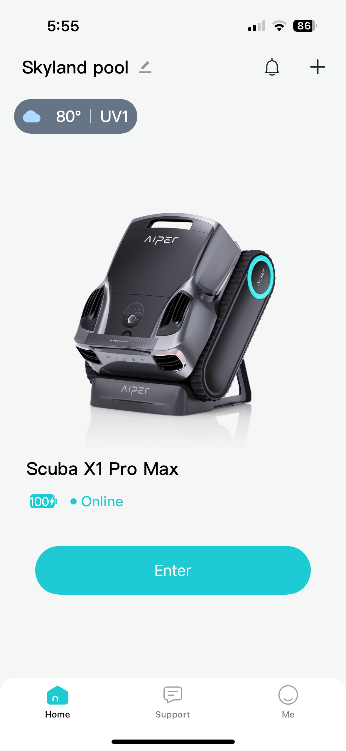 The home screen of the Aiper app for the Scuba X1 Pro Max