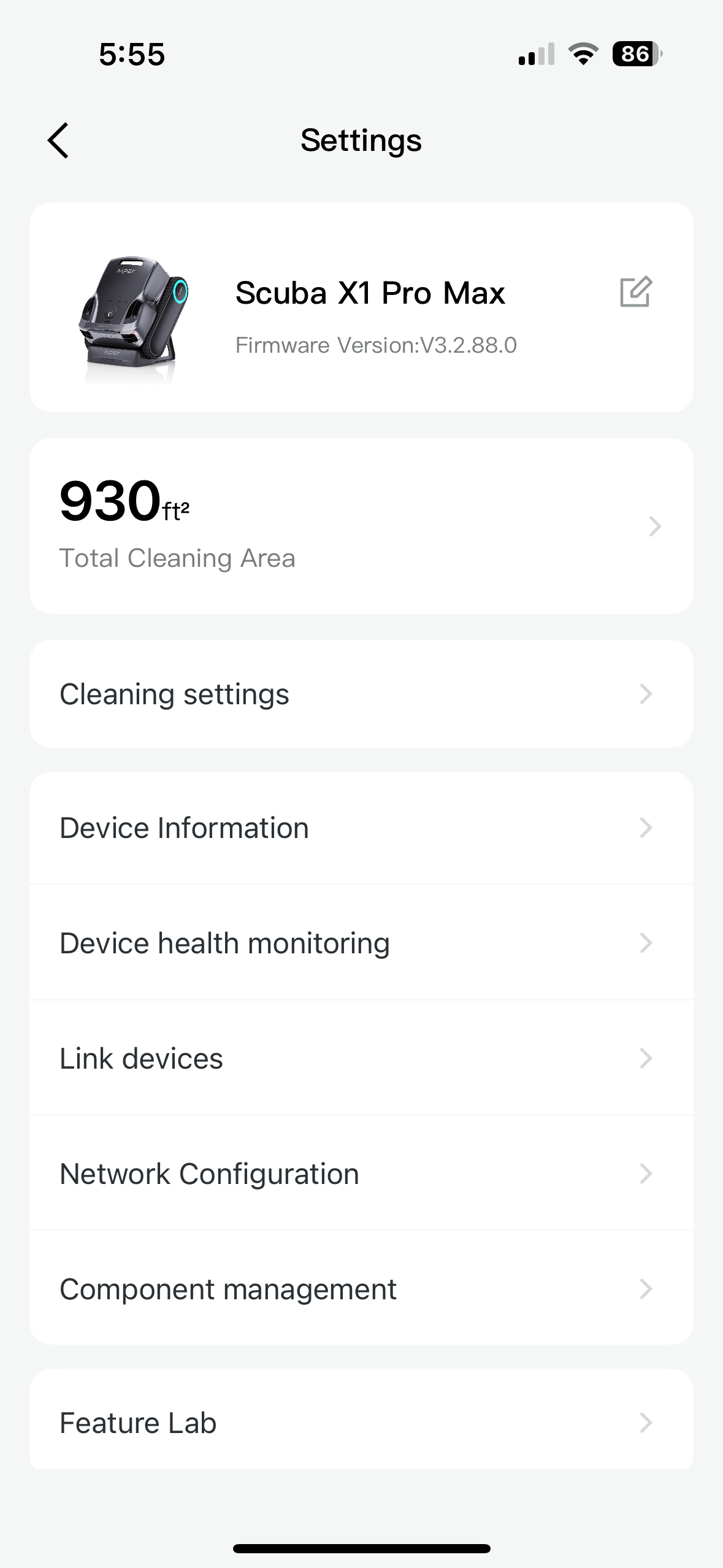 The settings screen of the Aiper app for the Scuba X1 Pro Max