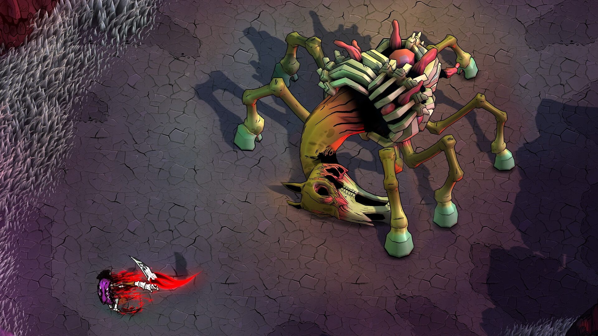 A hero faces down a horse skeleton in Blighted.