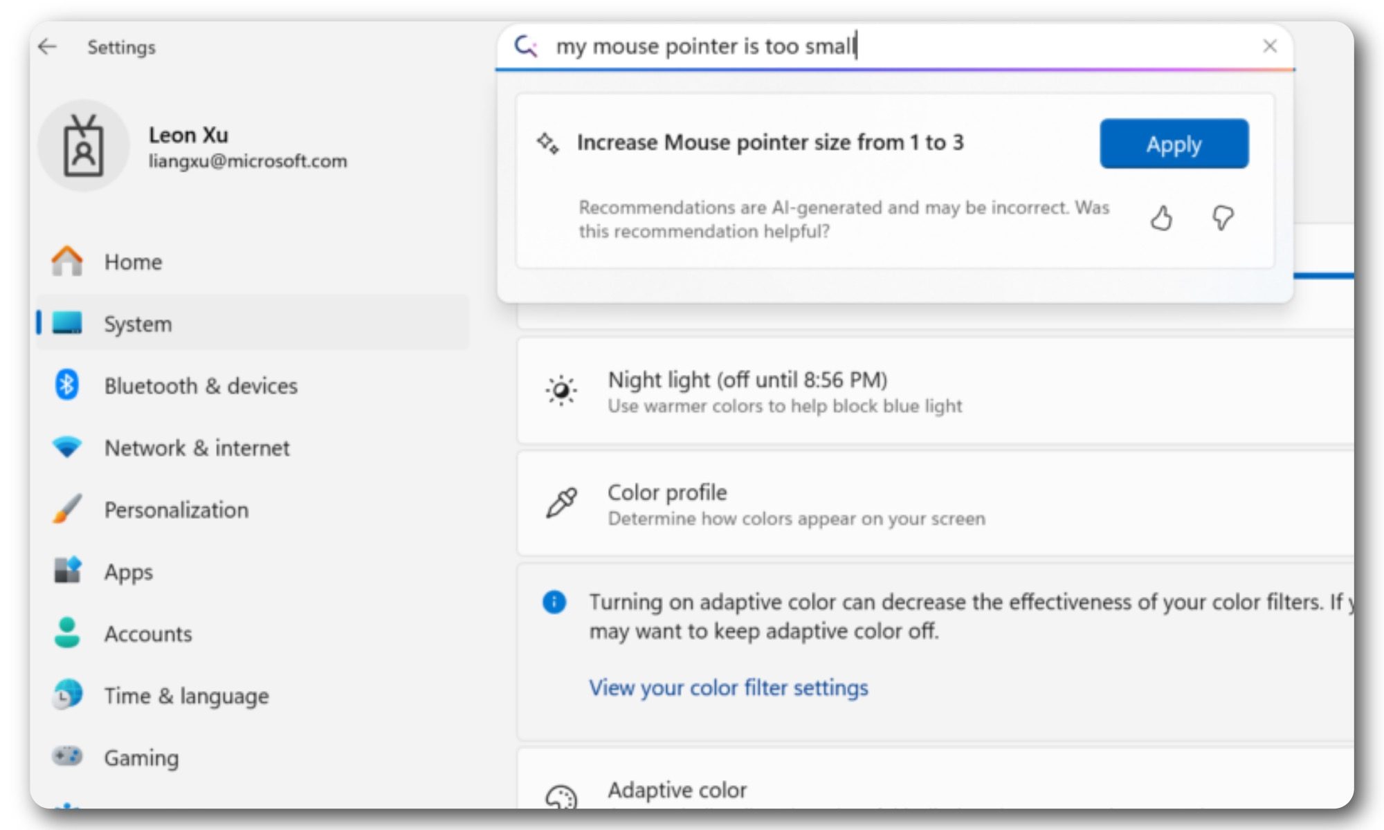 Natural language search in Windows 11 settings.