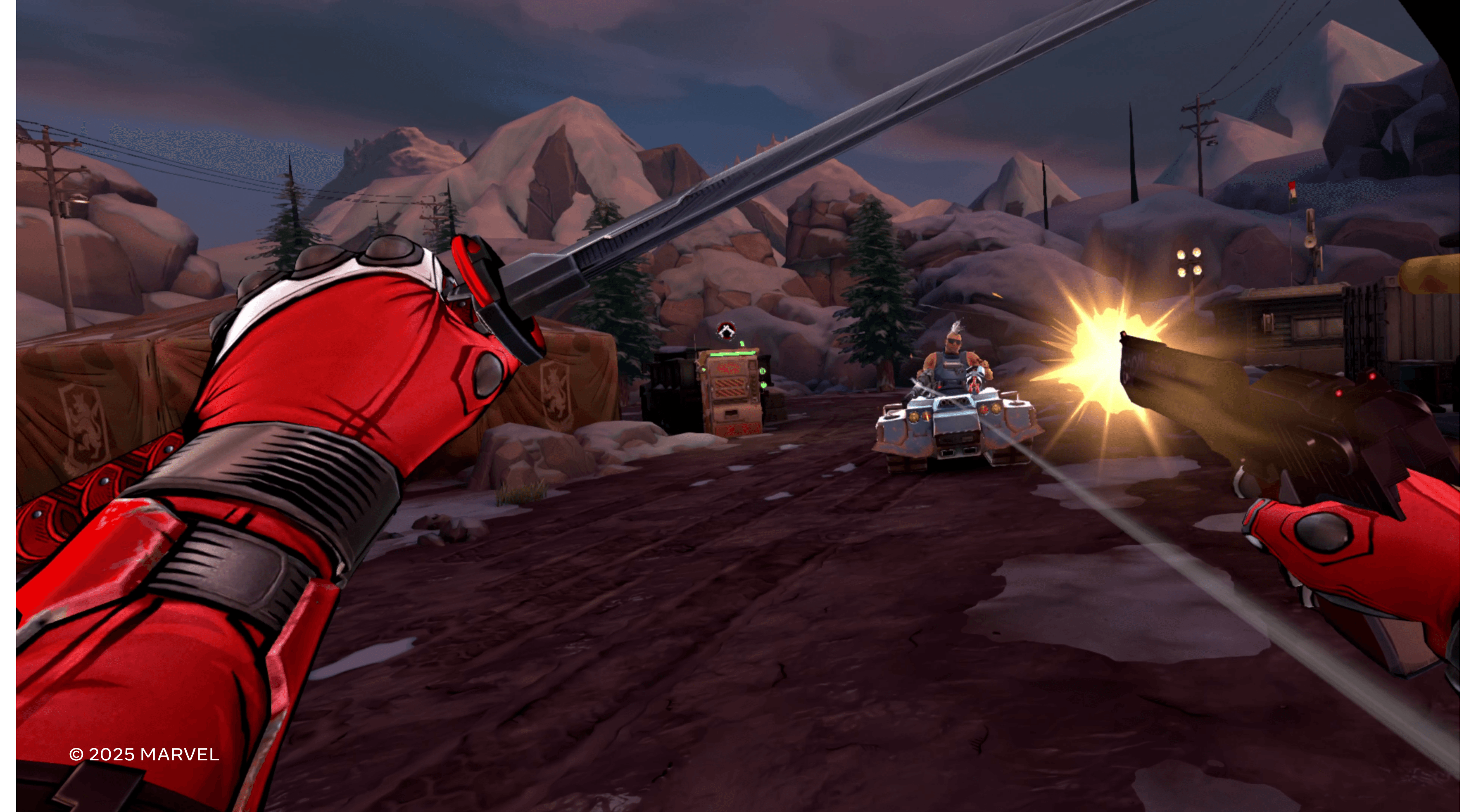 Deadpool fires a gun and blocks with a sword in Marvel's Deadpool VR.