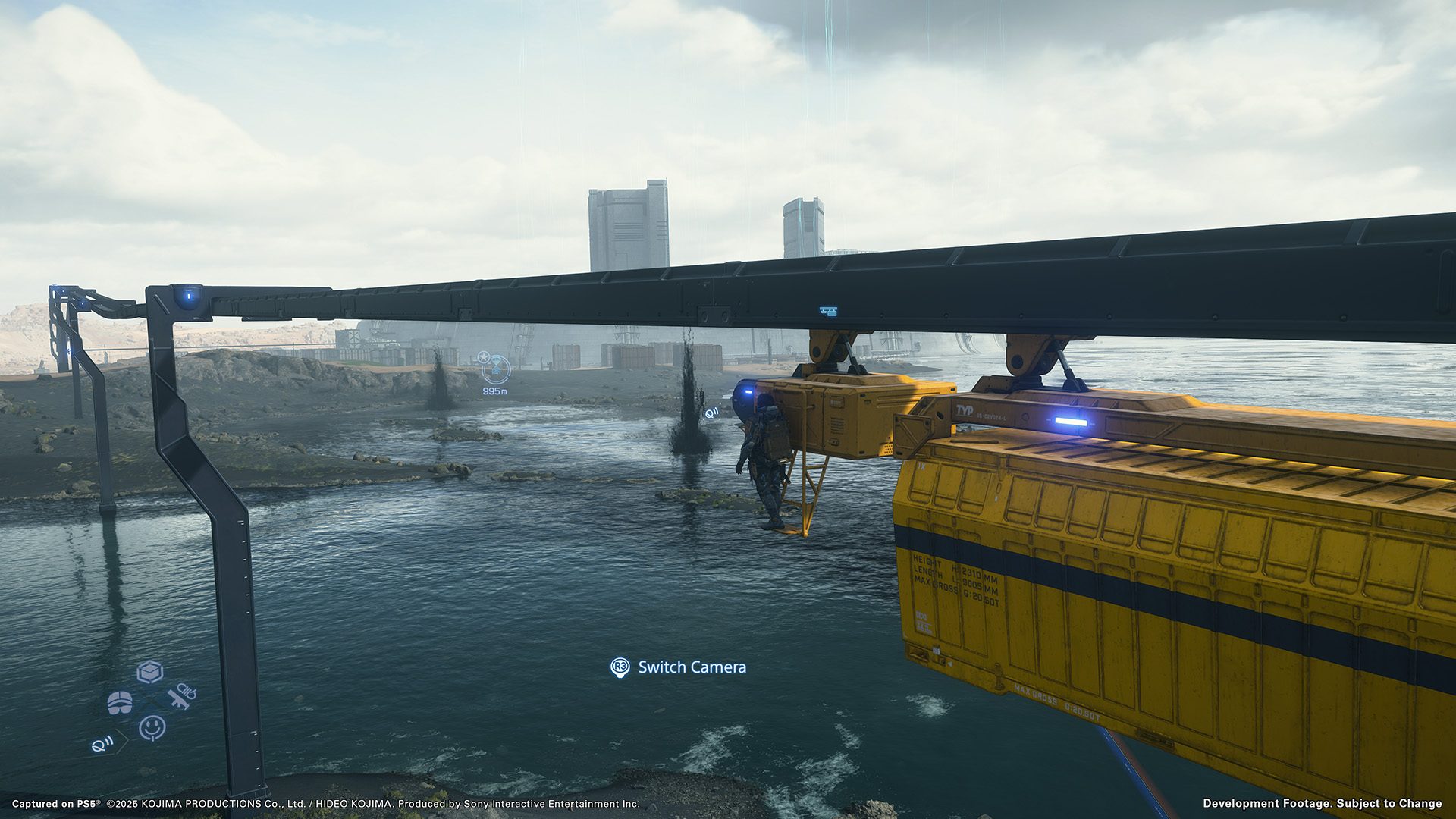 Sam Porter Bridges rides a monorail in Death Stranding 2: On The Beach.